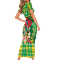 Personalized Dominica Independence Day Family Matching Short Sleeve Bodycon Dress and Hawaiian Shirt Map With Coat Of Arms Madras Pattern - Wonder Print Shop