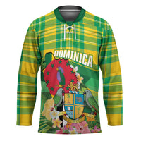 Personalized Dominica Independence Day Hockey Jersey Map With Coat Of Arms Madras Pattern - Wonder Print Shop