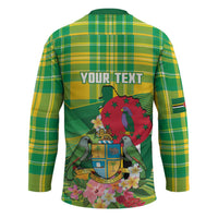 Personalized Dominica Independence Day Hockey Jersey Map With Coat Of Arms Madras Pattern - Wonder Print Shop