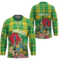 Personalized Dominica Independence Day Hockey Jersey Map With Coat Of Arms Madras Pattern - Wonder Print Shop