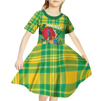 Personalized Dominica Independence Day Kid Short Sleeve Dress Map With Coat Of Arms Madras Pattern - Wonder Print Shop