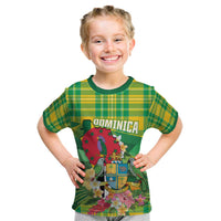 Personalized Dominica Independence Day Kid T Shirt Map With Coat Of Arms Madras Pattern - Wonder Print Shop