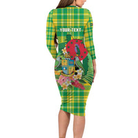 Personalized Dominica Independence Day Long Sleeve Bodycon Dress Map With Coat Of Arms Madras Pattern - Wonder Print Shop