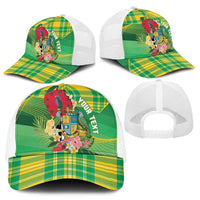 Personalized Dominica Independence Day Mesh Trucker Cap Map With Coat Of Arms Madras Pattern - Wonder Print Shop