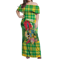 Personalized Dominica Independence Day Off Shoulder Maxi Dress Map With Coat Of Arms Madras Pattern - Wonder Print Shop