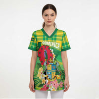 Personalized Dominica Independence Day Scrub Top Map With Coat Of Arms Madras Pattern - Wonder Print Shop
