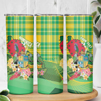 Personalized Dominica Independence Day Skinny Tumbler Map With Coat Of Arms Madras Pattern - Wonder Print Shop