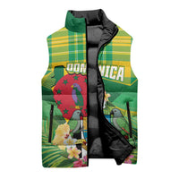 Personalized Dominica Independence Day Sleeveless Puffer Jacket Map With Coat Of Arms Madras Pattern - Wonder Print Shop