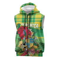 Personalized Dominica Independence Day Sleeveless Zip Hoodie Map With Coat Of Arms Madras Pattern - Wonder Print Shop