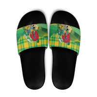 Personalized Dominica Independence Day Slide Sandals Map With Coat Of Arms Madras Pattern - Wonder Print Shop