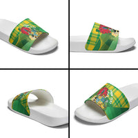 Personalized Dominica Independence Day Slide Sandals Map With Coat Of Arms Madras Pattern - Wonder Print Shop