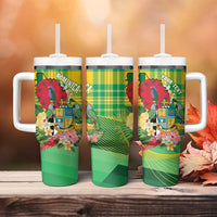 Personalized Dominica Independence Day Tumbler With Handle Map With Coat Of Arms Madras Pattern - Wonder Print Shop