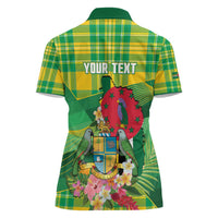 Personalized Dominica Independence Day Women Polo Shirt Map With Coat Of Arms Madras Pattern - Wonder Print Shop
