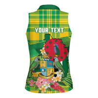 Personalized Dominica Independence Day Women Sleeveless Polo Shirt Map With Coat Of Arms Madras Pattern - Wonder Print Shop