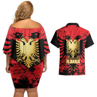 Albania Independence Day Couples Matching Off Shoulder Short Dress and Hawaiian Shirt Dita e Pavaresise Map Grunge Style - Wonder Print Shop