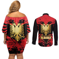 Albania Independence Day Couples Matching Off Shoulder Short Dress and Long Sleeve Button Shirt Dita e Pavaresise Map Grunge Style - Wonder Print Shop