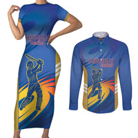 Custom Mumbai India Cricket Couples Matching Short Sleeve Bodycon Dress and Long Sleeve Button Shirt Go Champions