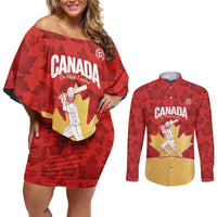 Custom Canada Cricket Couples Matching Off Shoulder Short Dress and Long Sleeve Button Shirt Come On Maple Leaf