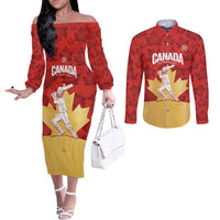 Custom Canada Cricket Couples Matching Off The Shoulder Long Sleeve Dress and Long Sleeve Button Shirt Come On Maple Leaf