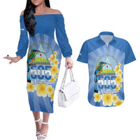 Personalized Nicaragua Independence Day Couples Matching Off The Shoulder Long Sleeve Dress and Hawaiian Shirt 505 Proud Guardabarranco Sacuanjoche - Wonder Print Shop