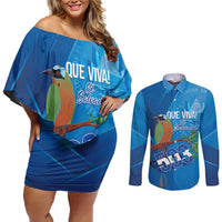 Personalized Que Viva El Salvador Couples Matching Off Shoulder Short Dress and Long Sleeve Button Shirt Guardabarranco 503 Independence Day Proud - Wonder Print Shop