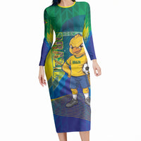 Custom Brazil Football 2026 Long Sleeve Bodycon Dress Canarinho Mascot Bate no Peito