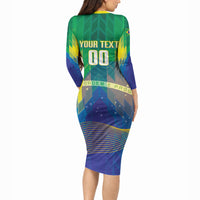Custom Brazil Football 2026 Long Sleeve Bodycon Dress Canarinho Mascot Bate no Peito