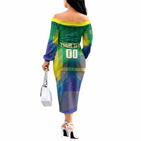 Custom Brazil Football 2026 Off The Shoulder Long Sleeve Dress Canarinho Mascot Bate no Peito