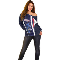 Custom France Football 2026 Off Shoulder Sweater Allez Les Bleus Flag Brush Style