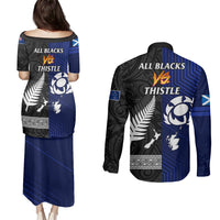 New Zealand and Scotland Rugby Couples Matching Puletasi Dress and Long Sleeve Button Shirts All Black Maori With Thistle Together - Wonder Print Shop