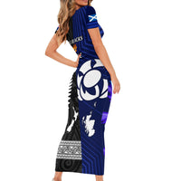 New Zealand and Scotland Rugby Short Sleeve Bodycon Dress All Black Maori With Thistle Together - Wonder Print Shop