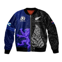 Personalised New Zealand and Scotland Rugby Sleeve Zip Bomber Jacket All Black Maori With Thistle Together - Wonder Print Shop