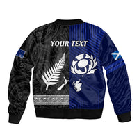 Personalised New Zealand and Scotland Rugby Sleeve Zip Bomber Jacket All Black Maori With Thistle Together - Wonder Print Shop