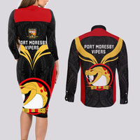 Papua New Guinea Rugby Couples Matching Long Sleeve Bodycon Dress and Long Sleeve Button Shirts Port Moresby Vipers PNG Polynesian Pattern - Wonder Print Shop