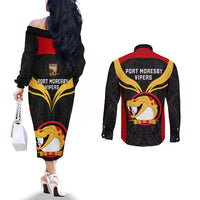 papua-new-guinea-rugby-couples-matching-off-the-shoulder-long-sleeve-dress-and-long-sleeve-button-shirts-port-moresby-vipers-png-polynesian-pattern