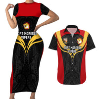 Papua New Guinea Rugby Couples Matching Short Sleeve Bodycon Dress and Hawaiian Shirt Port Moresby Vipers PNG Polynesian Pattern - Wonder Print Shop