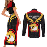 Papua New Guinea Rugby Couples Matching Short Sleeve Bodycon Dress and Long Sleeve Button Shirts Port Moresby Vipers PNG Polynesian Pattern - Wonder Print Shop
