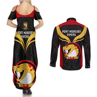Papua New Guinea Rugby Couples Matching Summer Maxi Dress and Long Sleeve Button Shirts Port Moresby Vipers PNG Polynesian Pattern - Wonder Print Shop