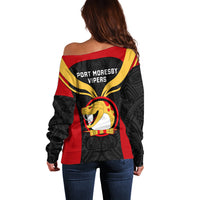 Papua New Guinea Rugby Off Shoulder Sweater Port Moresby Vipers PNG Polynesian Pattern - Wonder Print Shop