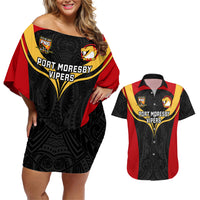 Custom Papua New Guinea Rugby Couples Matching Off Shoulder Short Dress and Hawaiian Shirt Port Moresby Vipers PNG Polynesian Pattern - Wonder Print Shop