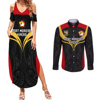 Custom Papua New Guinea Rugby Couples Matching Summer Maxi Dress and Long Sleeve Button Shirts Port Moresby Vipers PNG Polynesian Pattern - Wonder Print Shop