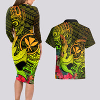 Hawaii Couples Matching Long Sleeve Bodycon Dress and Hawaiian Shirt Kanaka Map With Polynesian Shark Tattoo Reggae Unique - Wonder Print Shop