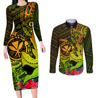 Hawaii Couples Matching Long Sleeve Bodycon Dress and Long Sleeve Button Shirts Kanaka Map With Polynesian Shark Tattoo Reggae Unique - Wonder Print Shop