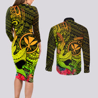 Hawaii Couples Matching Long Sleeve Bodycon Dress and Long Sleeve Button Shirts Kanaka Map With Polynesian Shark Tattoo Reggae Unique - Wonder Print Shop