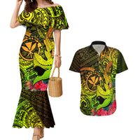 Hawaii Couples Matching Mermaid Dress and Hawaiian Shirt Kanaka Map With Polynesian Shark Tattoo Reggae Unique - Wonder Print Shop