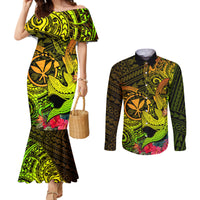 hawaii-couples-matching-mermaid-dress-and-long-sleeve-button-shirts-kanaka-map-with-polynesian-shark-tattoo-reggae-unique