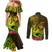 hawaii-couples-matching-mermaid-dress-and-long-sleeve-button-shirts-kanaka-map-with-polynesian-shark-tattoo-reggae-unique