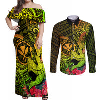 Hawaii Couples Matching Off Shoulder Maxi Dress and Long Sleeve Button Shirts Kanaka Map With Polynesian Shark Tattoo Reggae Unique - Wonder Print Shop