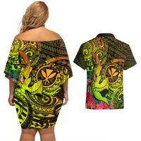 Hawaii Couples Matching Off Shoulder Short Dress and Hawaiian Shirt Kanaka Map With Polynesian Shark Tattoo Reggae Unique - Wonder Print Shop