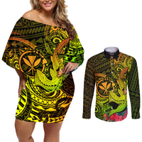 Hawaii Couples Matching Off Shoulder Short Dress and Long Sleeve Button Shirts Kanaka Map With Polynesian Shark Tattoo Reggae Unique - Wonder Print Shop